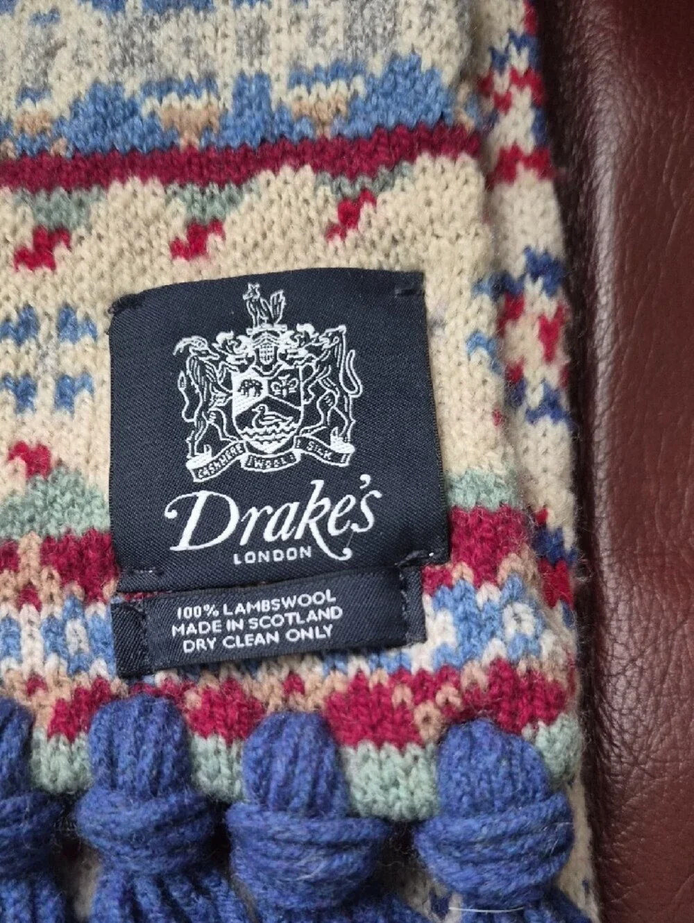 Drake's London Fair Isle Lambswool Scarf Made in Scotland Fringe